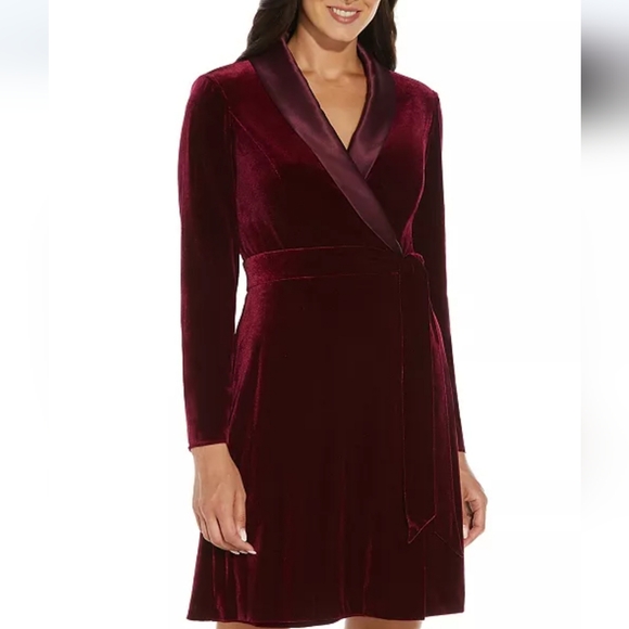Adrianna Papell Satin Trimmed Velvet Tuxedo Dress Burgundy Size 8 Wedding Party - Picture 1 of 7